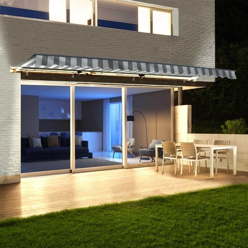 Aleko Products || Aleko Half Cassette Motorized Retractable LED Luxury Patio Awning - 16 x 10 Feet - Gray and White Stripes AWCL16X10GRYWHT-AP