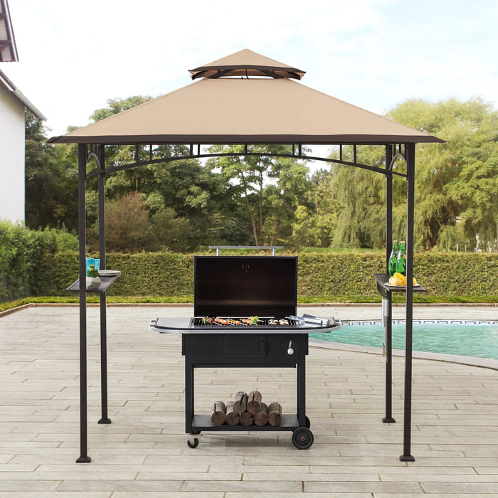 Sunjoy || Sunjoy Outdoor Patio 5x8 Black Steel Frame Double Tiered Backyard Soft Top Grill Gazebo with Bar Shelves Tan and Brown Canopy