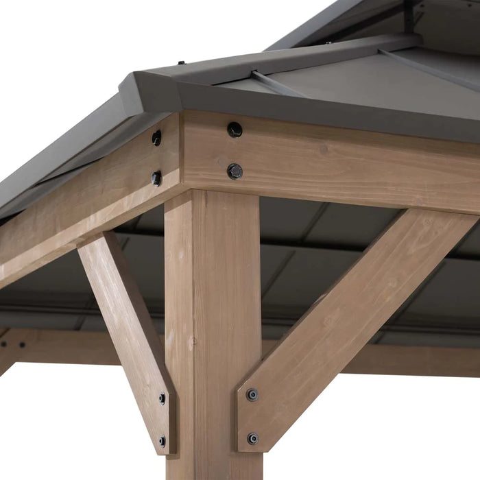 Sunjoy || Sunjoy 10x12 ft. Wood Gazebo, Outdoor Patio Steel Hardtop Gazebo, Cedar Framed Wooden Gazebo with 2-tier Metal Roof and Ceiling Hook