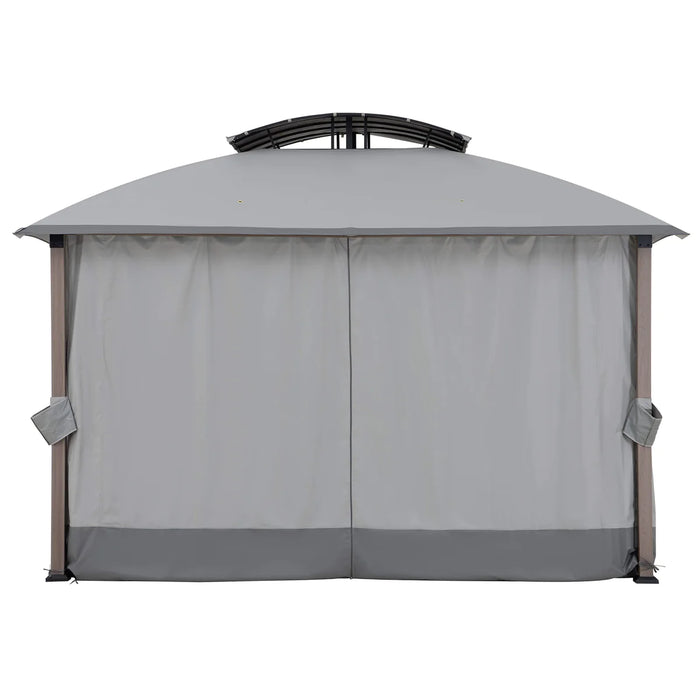 Sunjoy || Sunjoy 11x13 ft. Outdoor Patio Domed 2-tier Soft Top Gazebo, Woodgrain Steel Frame Backyard Gazebo with Curtain and Netting