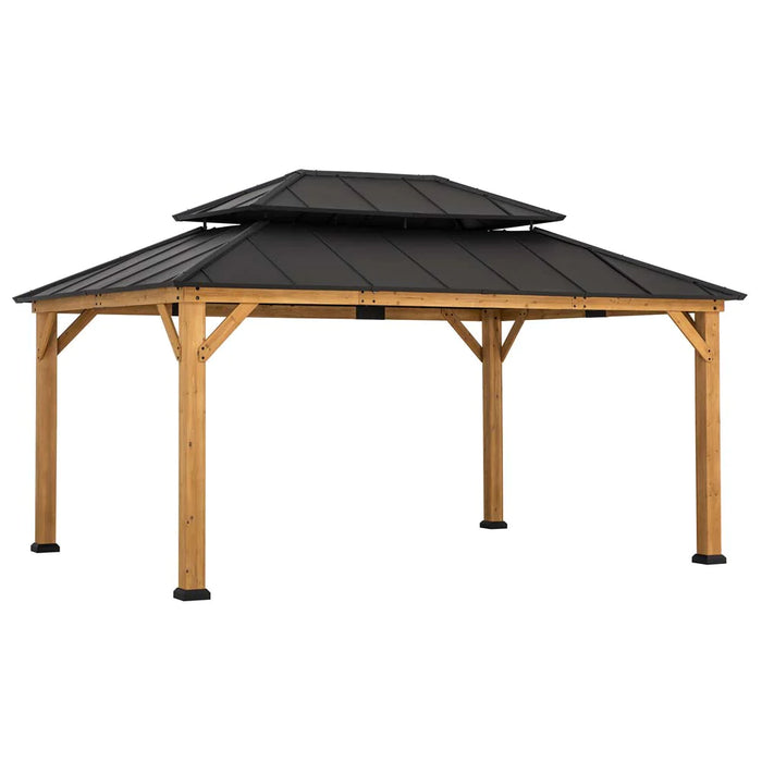 Sunjoy || Sunjoy 12x16 ft. Wood Gazebo, Outdoor Patio Steel Hardtop Gazebo, Cedar Framed Wooden Gazebo with 2-tier Metal Roof and Ceiling Hook