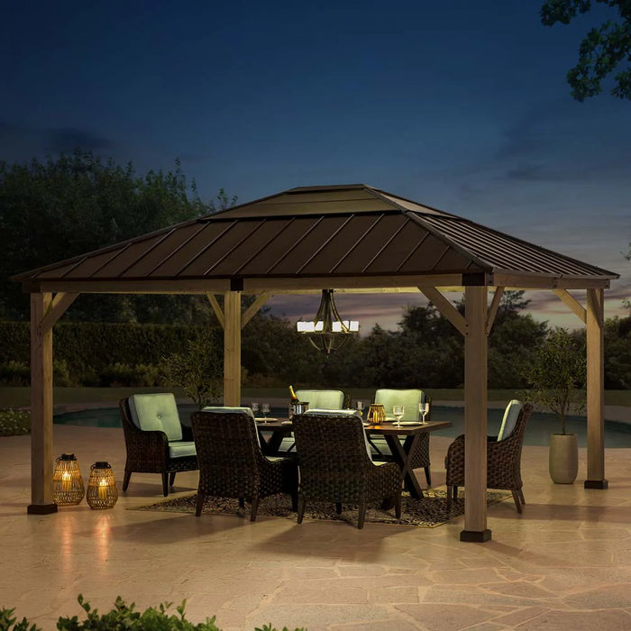 Sunjoy || Sunjoy Outdoor Patio 13x15 Wooden Frame Hardtop Gazebo with Black Steel and Polycarbonate Hip Roof and Ceiling Hook