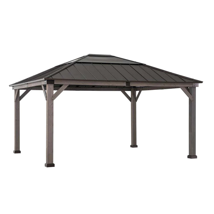 Sunjoy || Sunjoy Outdoor Patio 13x15 Wooden Frame Hardtop Gazebo with Black Steel and Polycarbonate Hip Roof and Ceiling Hook