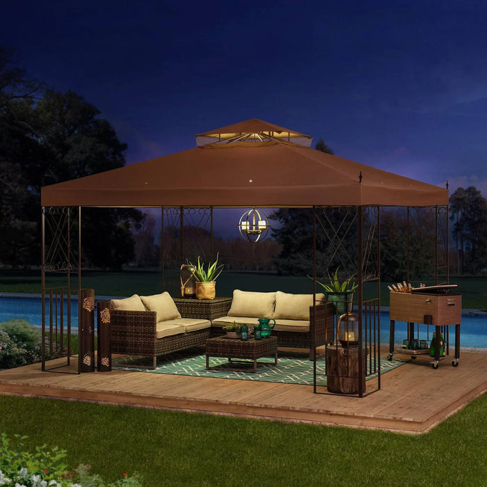 Sunjoy || Sunjoy Outdoor Patio 10x12 Khaki 2-Tier Steel Backyard Soft Top Gazebo with Ceiling Hook