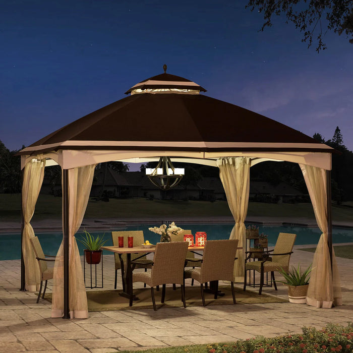 Sunjoy || Sunjoy Outdoor Patio 10x13 Steel 2-Tier Backyard Soft Top Gazebo with Ceiling Hook and Netting