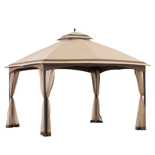 Sunjoy || Sunjoy Outdoor Patio 10x13 Steel 2-Tier Backyard Soft Top Gazebo with Ceiling Hook and Netting Tan and Brown