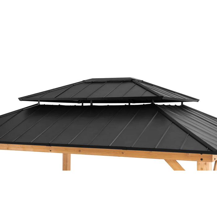 Sunjoy || Sunjoy Outdoor Patio 13x15 Black 2-Tier Wooden Frame Backyard Hardtop Gazebo with Ceiling Hook