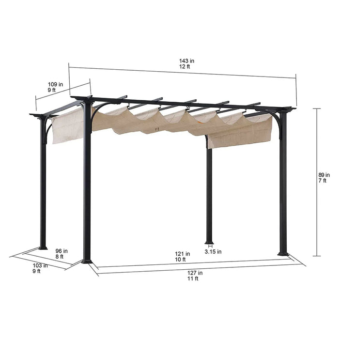 Sunjoy || Sunjoy 9x12 Black Steel Frame Pergola Kit with Retractable Beige Canopy Shade