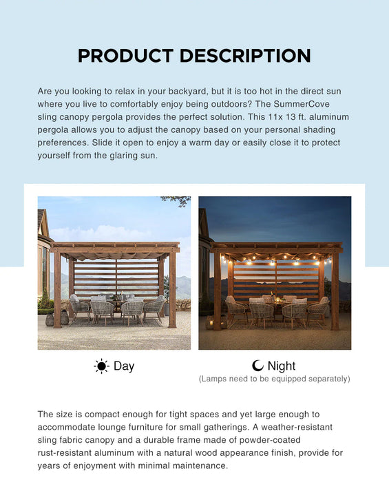 Sunjoy || SummerCove 11x13 ft. Outdoor Aluminum Pergola, Woodgrain Aluminum Frame Pergola with Retractable Sunshade Sling Fabric Canopy and Privacy Wall
