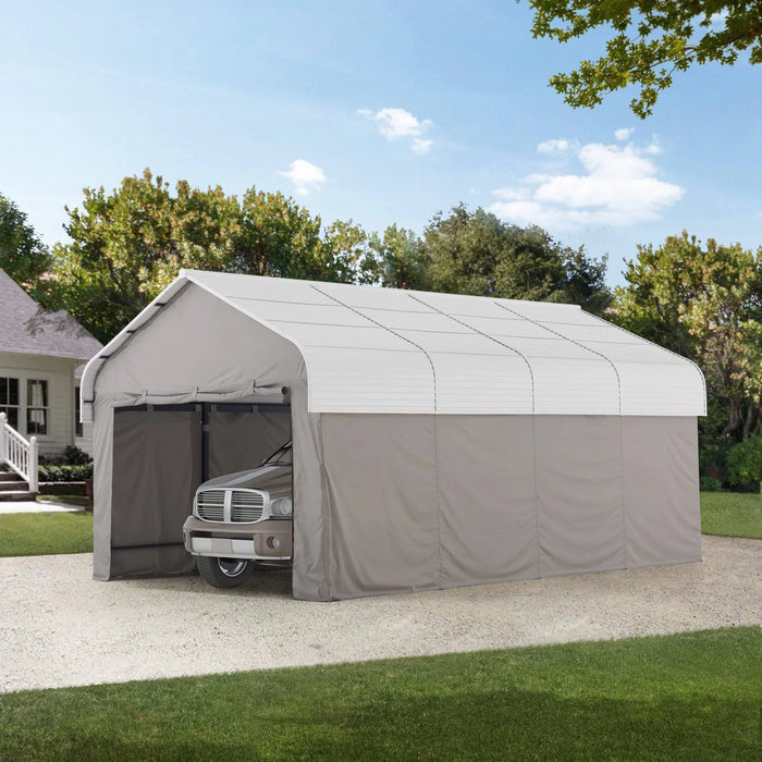 Sunjoy || Sunjoy 12x20 ft. Light Gray Metal Carport with Fabric Enclosure