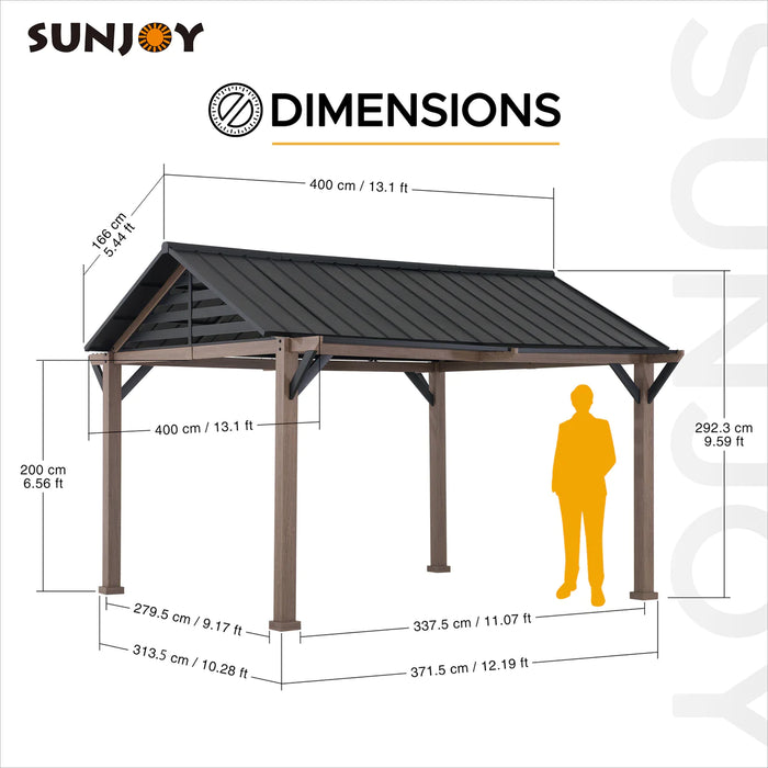 Sunjoy || Sunjoy Outdoor Patio 13x13 Black Steel Gable Roof Backyard Hardtop Gazebo/Pavilion with Decorative Beam and Ceiling Hook