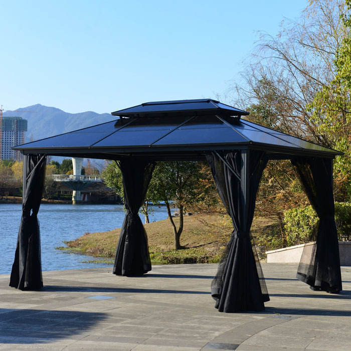 Aleko Products || 2-Tier Double Roof Aluminum and Steel Hardtop Gazebo Canopy with Mosquito Net and Shaded Curtains - 13 x 10 Feet - Black