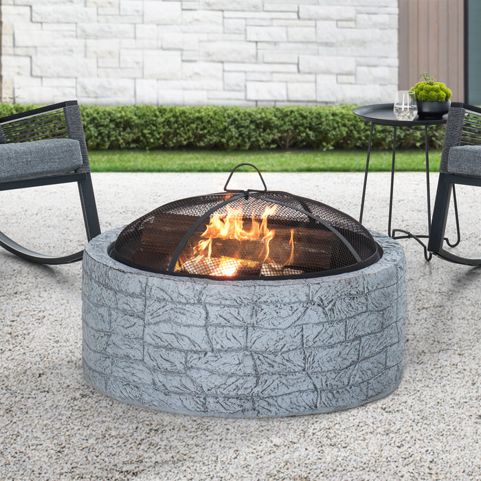 Sunjoy || Sunjoy Stone 26 in. Round Wood Burning Fire pit for Outside, Stone Gray