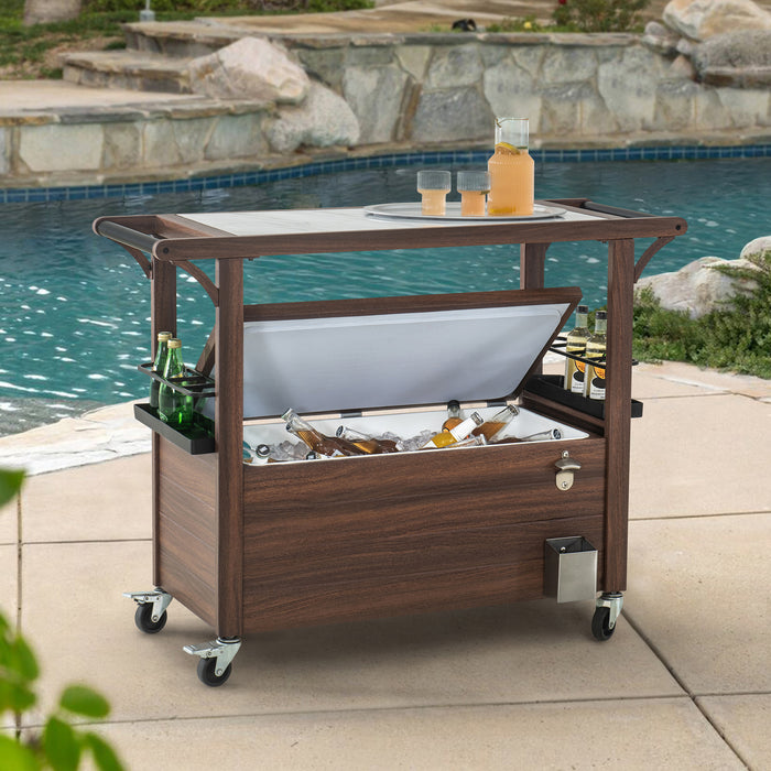Sunjoy || IceCove rown Metal Rolling Serving Trolley Marble Countertop Bar Cart with 80-Quart Ice Chest Cooler on Wheels, Bottle Racks