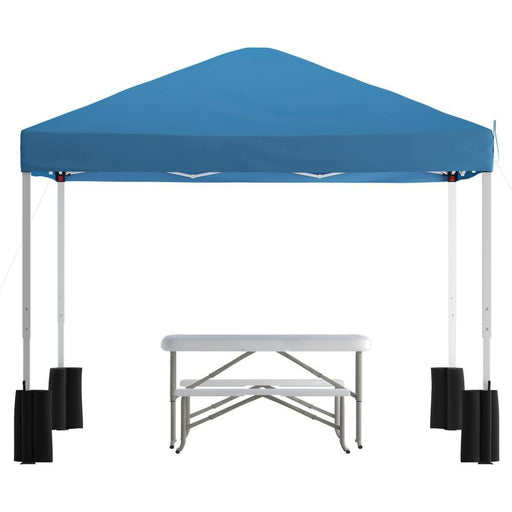 Flash Furniture || 10'x10' Blue Pop Up Event Canopy Tent with Wheeled Case and Folding Bench Set