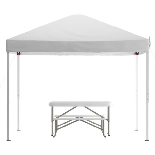 Flash Furniture || 10'x10' White Pop Up Event Canopy Tent with Carry Bag and Folding Bench Set