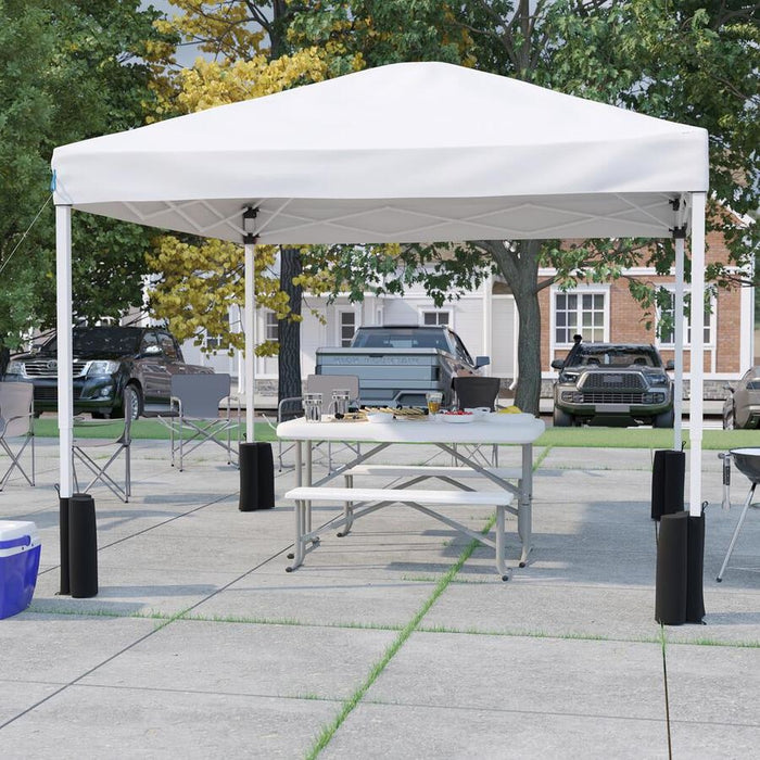 Flash Furniture || 10'x10' White Pop Up Event Canopy Tent with Wheeled Case and Folding Bench Set