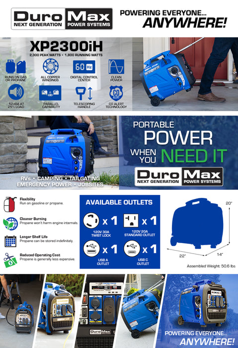 DuroMax || DuroMax XP2300iH 2300-Watt 80cc Dual Fuel Digital Inverter Hybrid Portable Generator with CO Alert