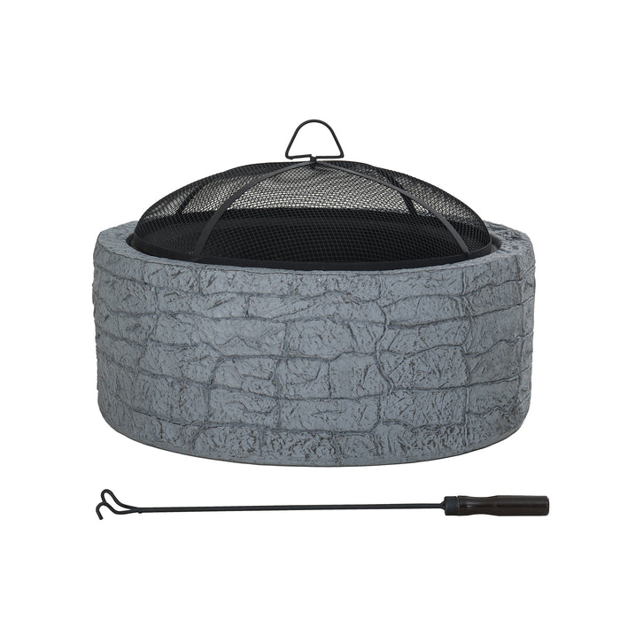 Sunjoy || Sunjoy Stone 26 in. Round Wood Burning Fire pit for Outside, Stone Gray