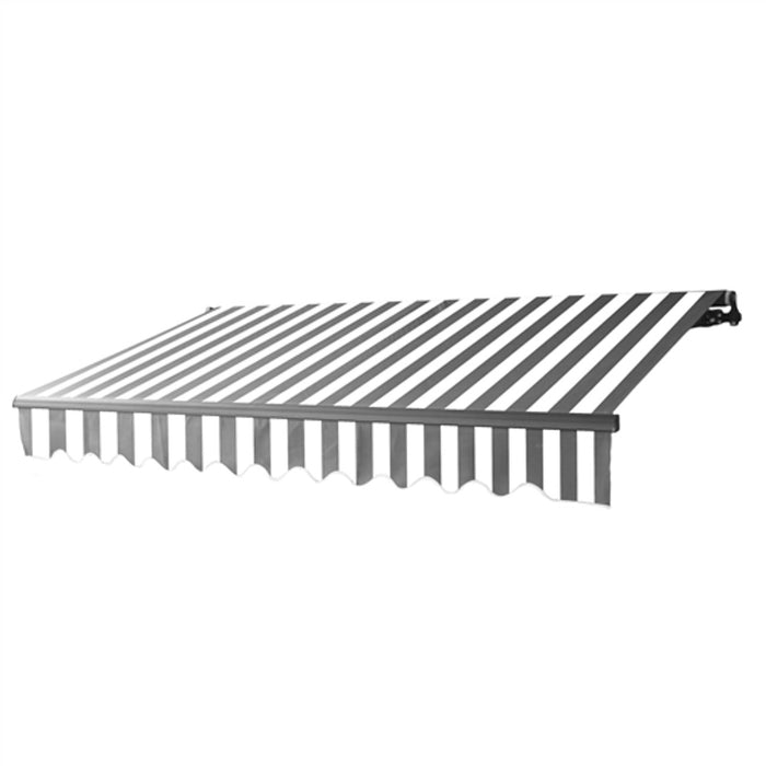 Aleko Products || Motorized Retractable Black Frame Patio Awning 12 x 10 Feet - Gray and White Stripes