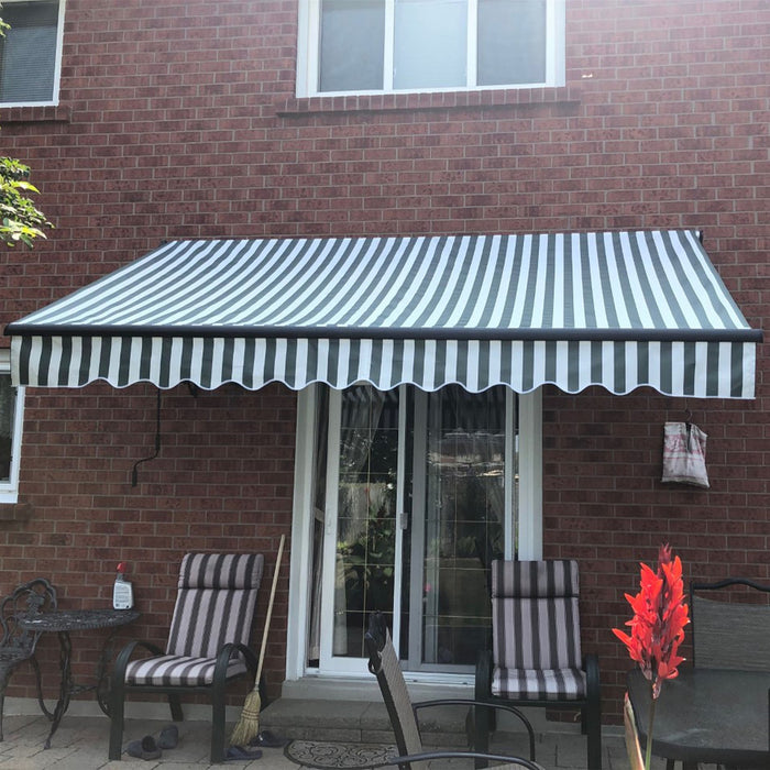 Aleko Products || Motorized Retractable Black Frame Patio Awning 12 x 10 Feet - Gray and White Stripes