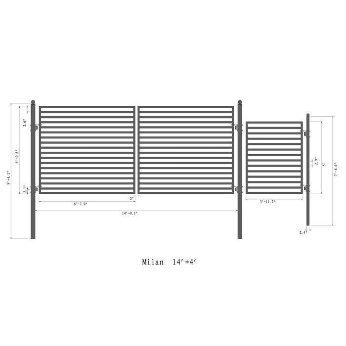 Aleko Products || Steel Dual Swing Driveway Gate - MILAN Style - 14 ft with Pedestrian Gate - 5 ft