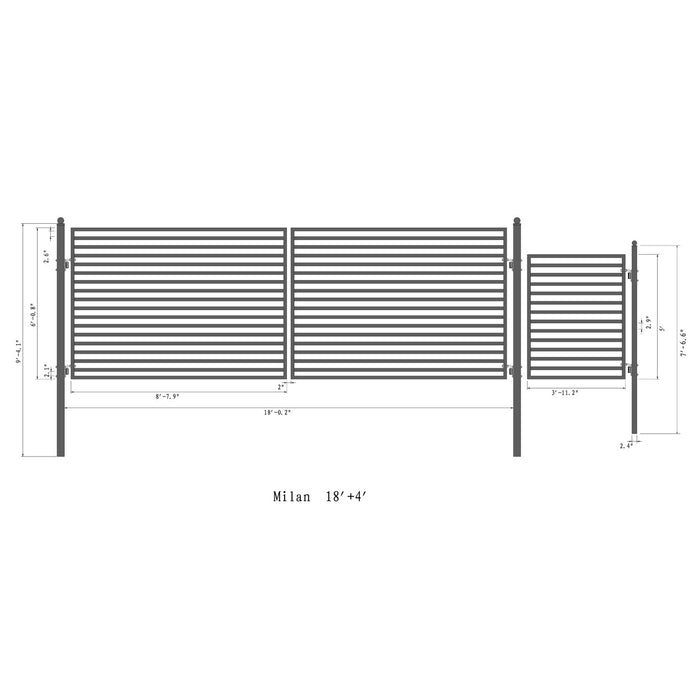 Aleko Products || Steel Dual Swing Driveway Gate - MILAN Style - 18 ft with Pedestrian Gate - 5 ft