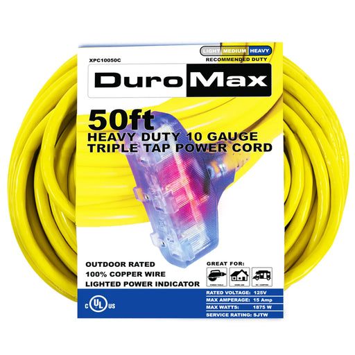 DuroMax || DuroMax XPC10050C 50 Ft 10 Ga Triple Tap Extension Power Cord