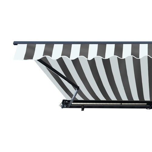 Aleko Products || Aleko Half Cassette Motorized Retractable LED Luxury Patio Awning - 12 x 10 Feet - Gray and White Stripes AWCL12X10GRYWHT-AP