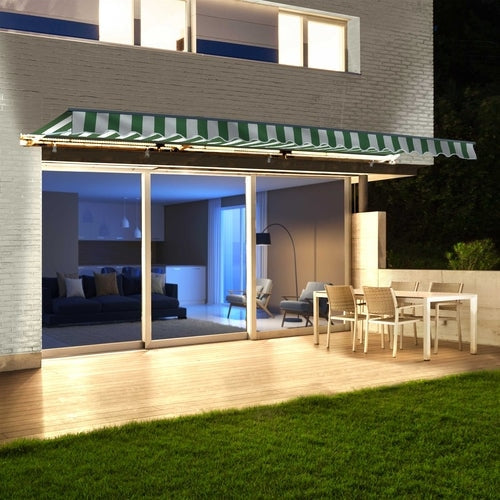 Aleko Products || Aleko Half Cassette Motorized Retractable LED Luxury Patio Awning - 20 x 10 Feet - Green and White Stripes AWCL20X10GRWT00-AP