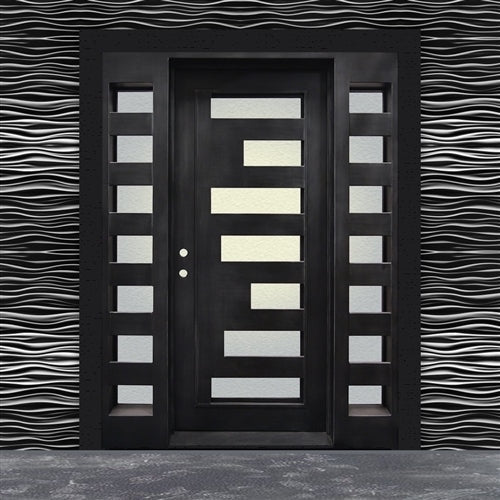Aleko Products || Aleko Iron Square Top Geometric-Embossed Door with Frame and Threshold 81 x 62 x 6 Inches Matte Black IDQ6281BK06-AP