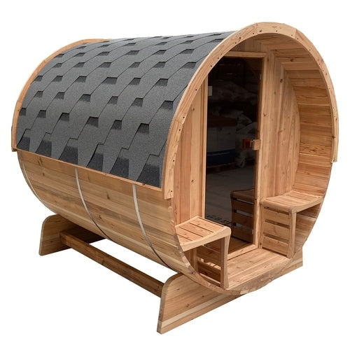 Aleko Products || Aleko Outdoor Rustic Cedar Barrel Steam Sauna Front Porch Canopy ETL Certified 4 Person SB4CED-AP
