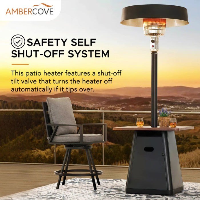 Sunjoy || AmberCove 40,000 BTU Black Steel Frame Outdoor Patio Standing Propane Gas Heater with Table Top for Commercial & Residential Use