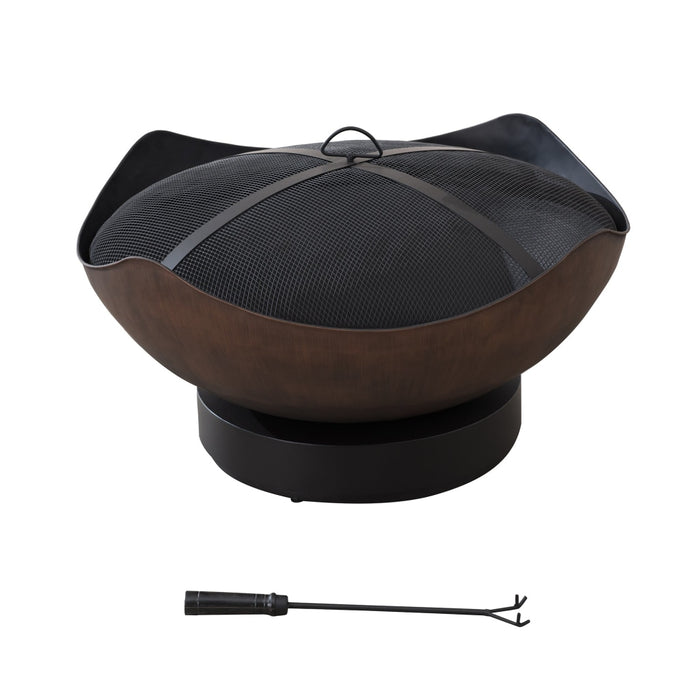 Sunjoy || AmberCove Outdoor Fire Pit 32 in. Copper Steel Wood Burning Patio Fire Pit with Spark Screen and Fire Poker