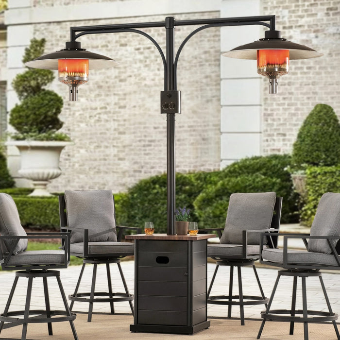 Sunjoy || AmberCove Outdoor Patio 64,000 BTU Black Steel Propane Gas Dual Heater with Table Top for Commercial & Residential Use