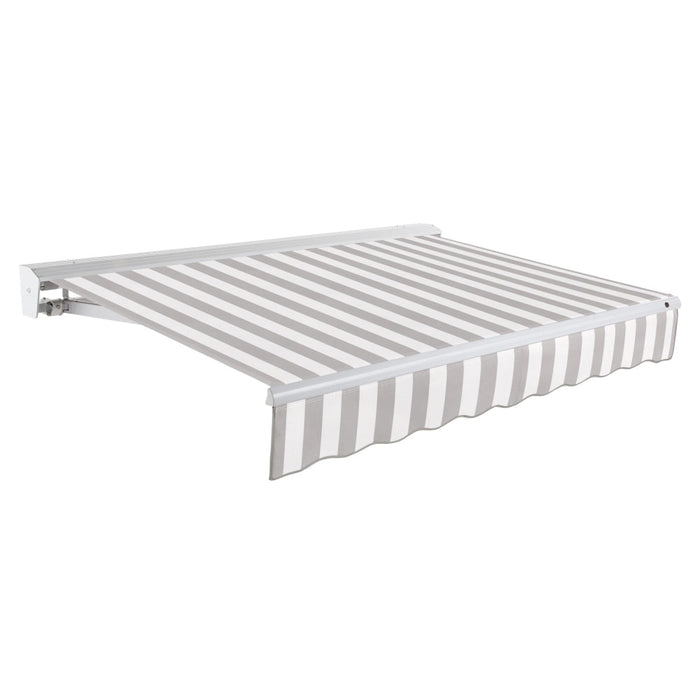 Awntech Corporation || Awntech Destin Patio Retractable Awning with Aluminum Protective Hood, Motorized Left Gray and White Stripe
