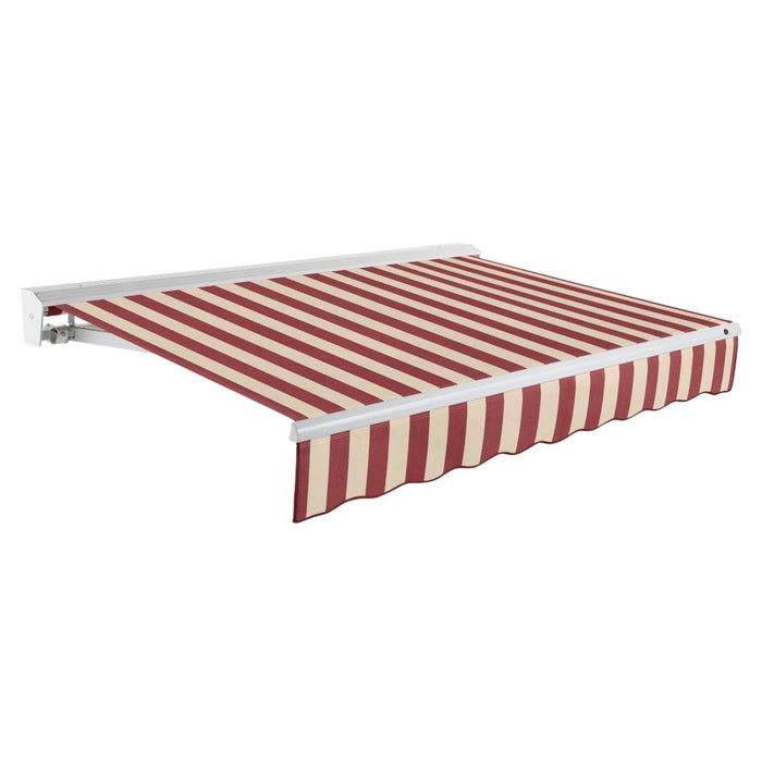 Awntech Corporation || Awntech Destin Patio Retractable Awning with Aluminum Protective Hood, Motorized Right Burgundy and Tan Stripe