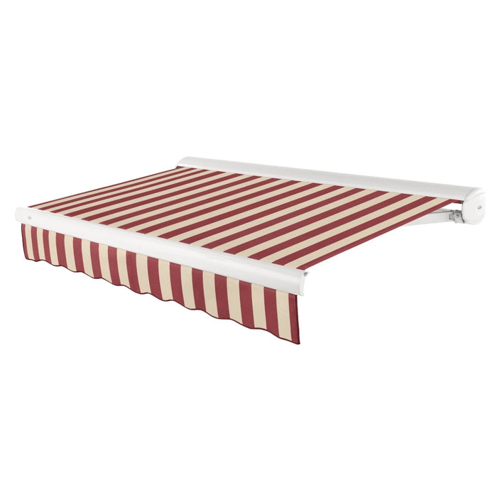 Awntech Corporation || Awntech Hampton Patio Retractable Awning with Cassette, Motorized Left Burgundy and Tan Stripe