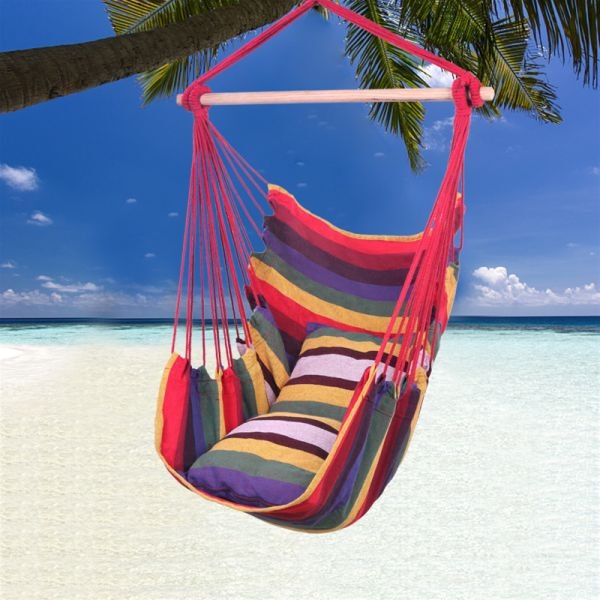 inQ Boutique || Distinctive Cotton Canvas Hanging Rope Chair With Pillows Rainbow