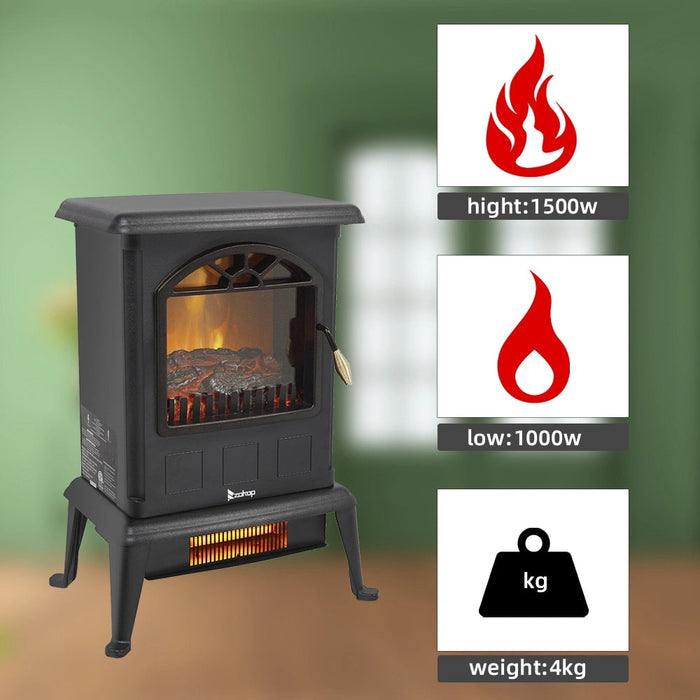 inQ Boutique || Electric Fireplace Stove Space Heater 1500W Portable Freestanding with Thermostat, Realistic Flame Logs Vintage Design for Corners