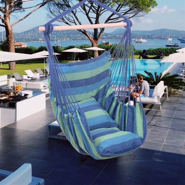 inQ Boutique || Hammock Chair Distinctive Cotton Canvas Hanging Rope Chair With Pillows Blue