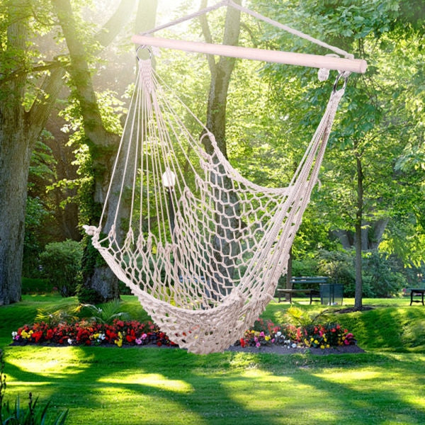 inQ Boutique || Indoor Outdoor Garden Cotton Hanging Rope Airsky Chair Swing Beige Hammocks