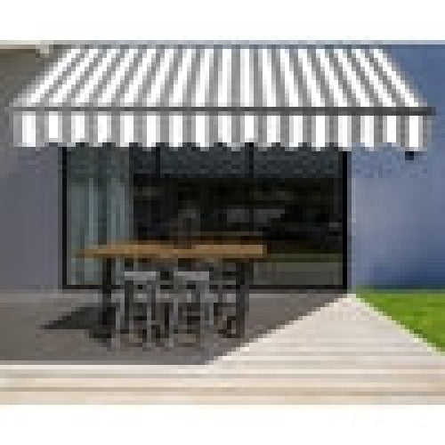 Aleko Products || Motorized Retractable Black Frame Patio Awning 10 x 8 Feet - Gray and White Stripes