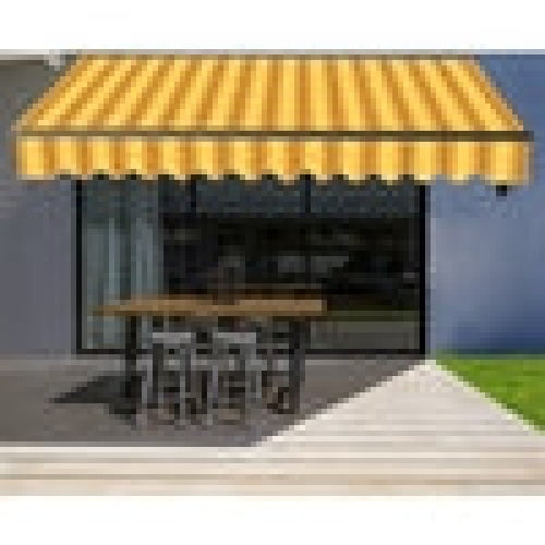 Aleko Products || Motorized Retractable Black Frame Patio Awning 13 x 10 Feet - Multi-Striped Yellow