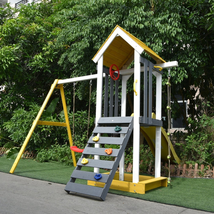 Aleko Products || Outdoor Wooden Swing Playset with Swing, Slide, Steering Wheel, and Rock Climbing Ladder