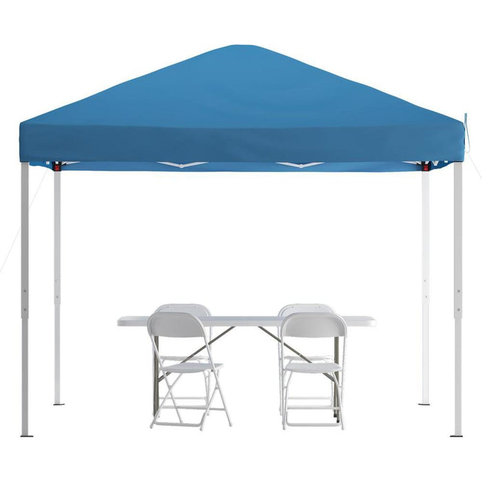 Flash Furniture || Portable Tailgate/Event Tent Set - 10'x10' Blue Pop Up Tent, 6-Foot Bi-Fold Table, Set of 4 White