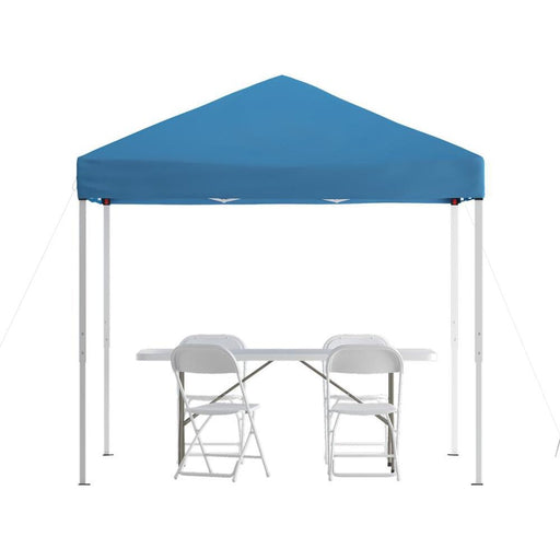 Flash Furniture || Portable Tailgate/Event Tent Set - 8'x8' Blue Pop Up Tent, 6-Foot Bi-Fold Table, Set of 4 White