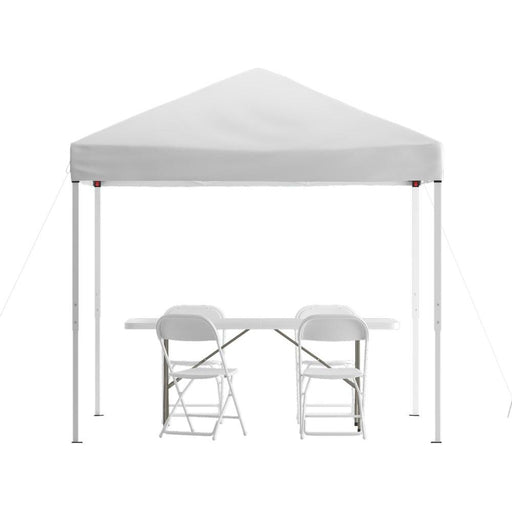 Flash Furniture || Portable Tailgate/Event Tent Set - 8'x8' White Pop Up Tent, 6-Foot Bi-Fold Table, Set of 4 White