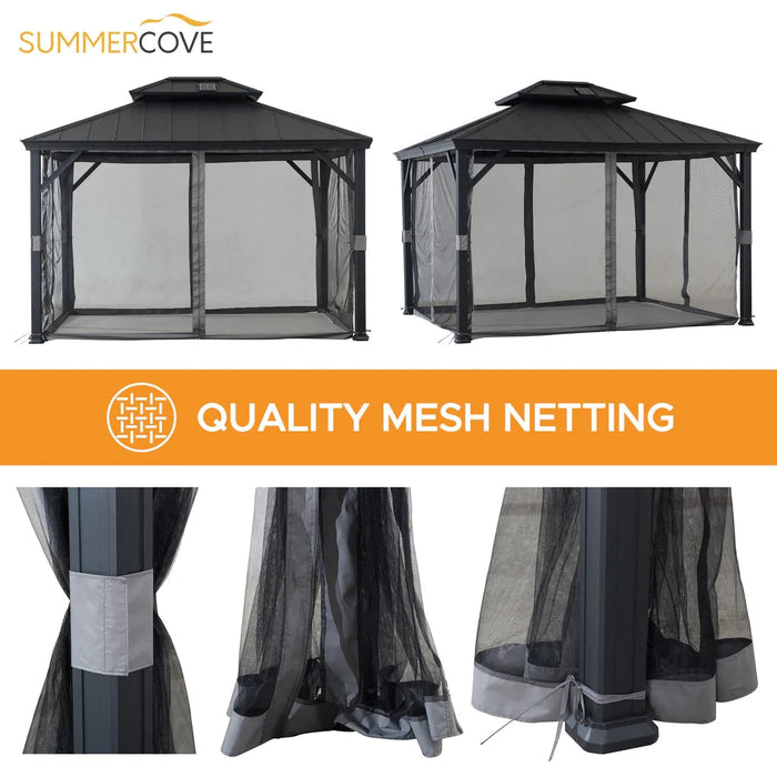 Sunjoy || SummerCove Outdoor Patio 10x12 Black 2-Tier Aluminum Backyard Hardtop Gazebo with Solar Panel, Netting and Metal Hook