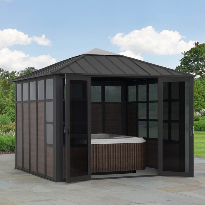 Sunjoy || SummerCove Outdoor Patio 11x11 Gazebo Black Aluminum Sunroom Studio Backyard Shelter with Metal Mute Lock